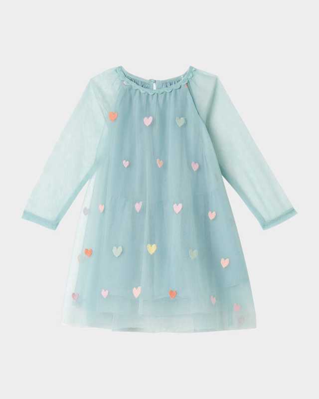 Girl's Embroidered Hearts Frill-Sleeve Tulle Dress, Size 6M-3